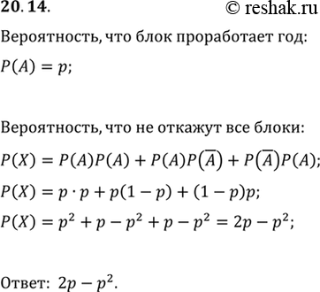 Изображение 20.14. Электрический блок (рис. 20.3) работает безотказно в течение года с вероятностью р. Для увеличения надёжности электрический блок дублируют ещё одним таким же...